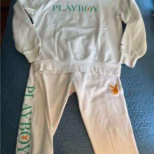 PLAYBOY White Sweatshirt and Joggers with Green and Orange Logos